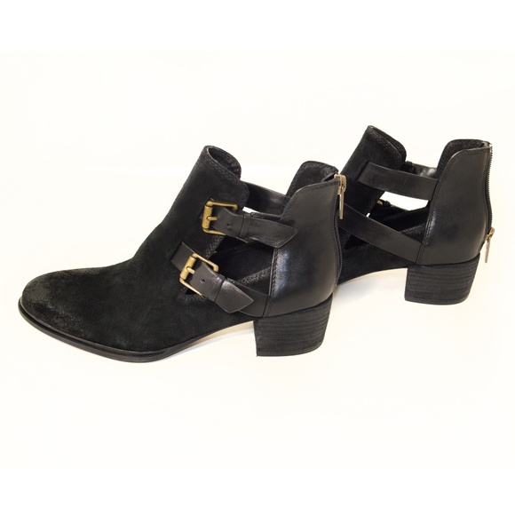 New ISOLA Darnell Black Suede & Leather Buckle Cutout Ankle Booties Size 6M - Picture 6 of 8